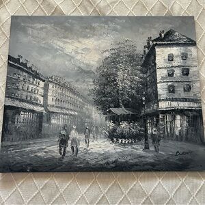 Caroline C. Burnett Original Oil Painting Black Grey White Moody Parisian Street